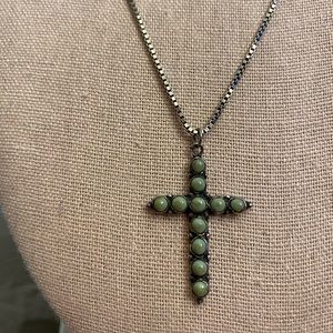 Vintage turquoise cross pendant from Mexico on a thick Italian silver box chain